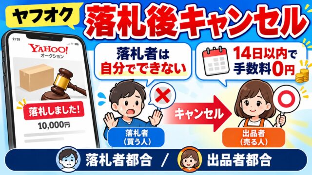 ヤフオクの落札後のキャンセル｜押せるのは出品者だけ。落札者都合でも自動の悪い評価はつかず、期限内なら利用料0円。キャンセル料の請求はヘルプで利用制限の対象例