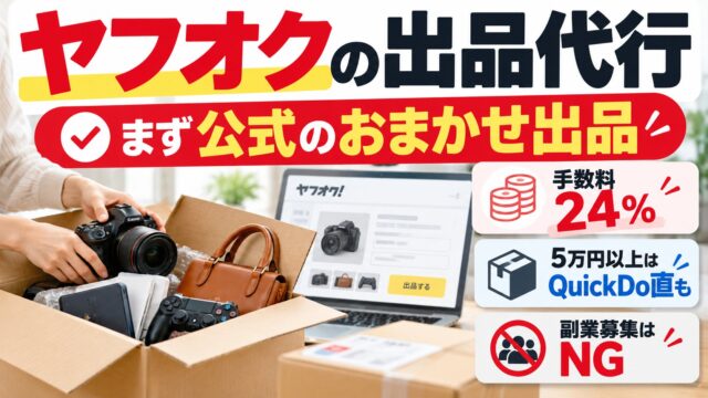ヤフオク代行（出品代行）は公式の「おまかせ出品」でいい｜手数料は落札価格の24%で、親族や友人から折半で受けてきた私より依頼者に残る。5万円以上ならQuickDoに直接、1,500円未満や大型品は受けてもらえない。Buyeeに落札されるのは普通の取引、代理出品の副業募集は受けない