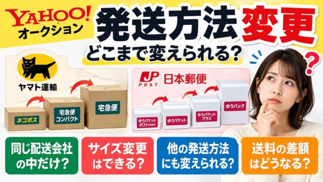 ヤフオクの発送方法の変更｜落札後、おてがる配送のままなら同じ配送会社の中だけ。ヤマトと日本郵便はまたげず、支払い後の差額はかんたん決済で払えない。私は大きめのサイズで出品して変えたことがない