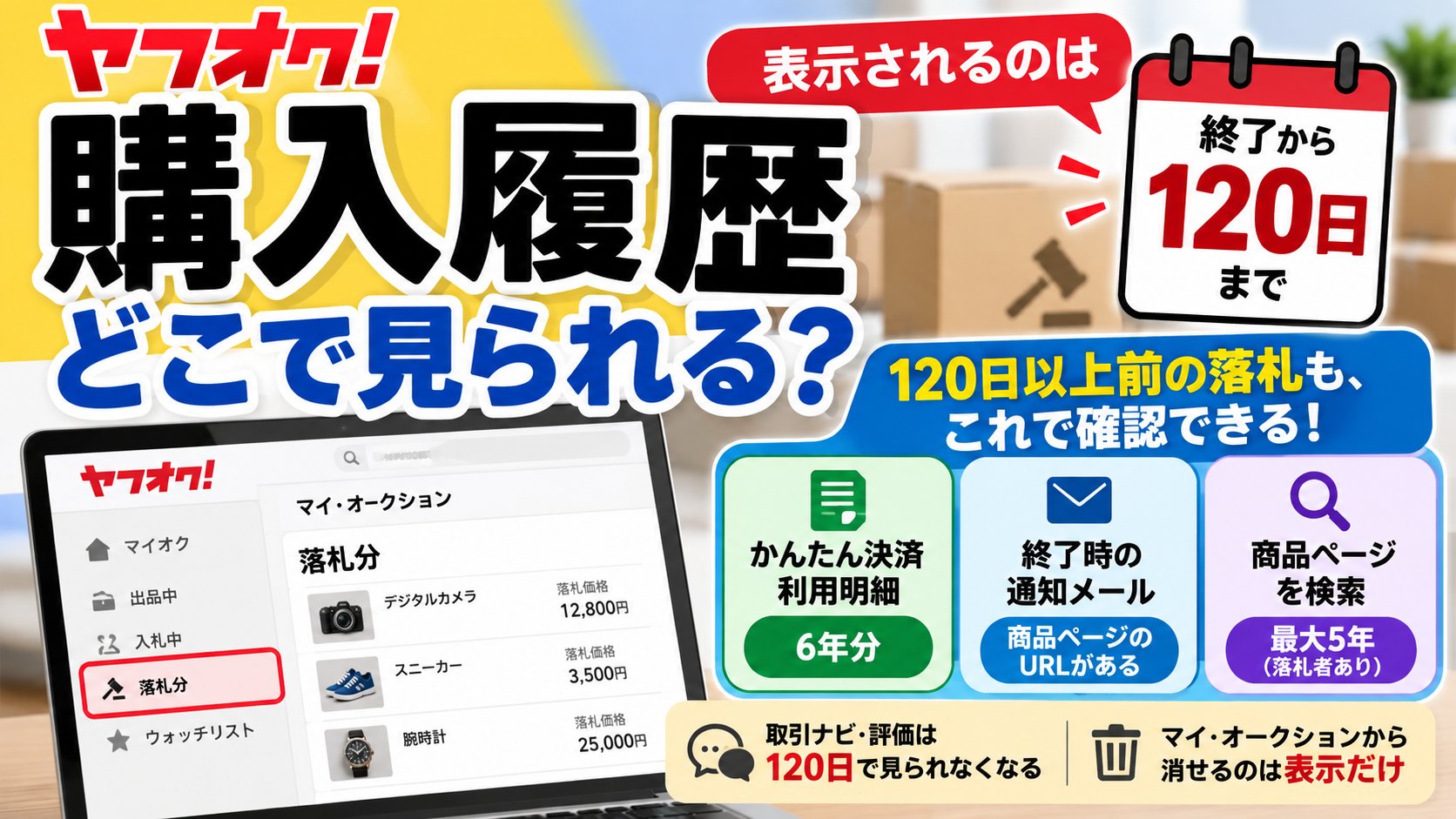 ヤフオクの購入履歴はどこで見られる？表示は終了から120日まで。120日以上前の落札はかんたん決済利用明細・通知メール・商品ページで確認