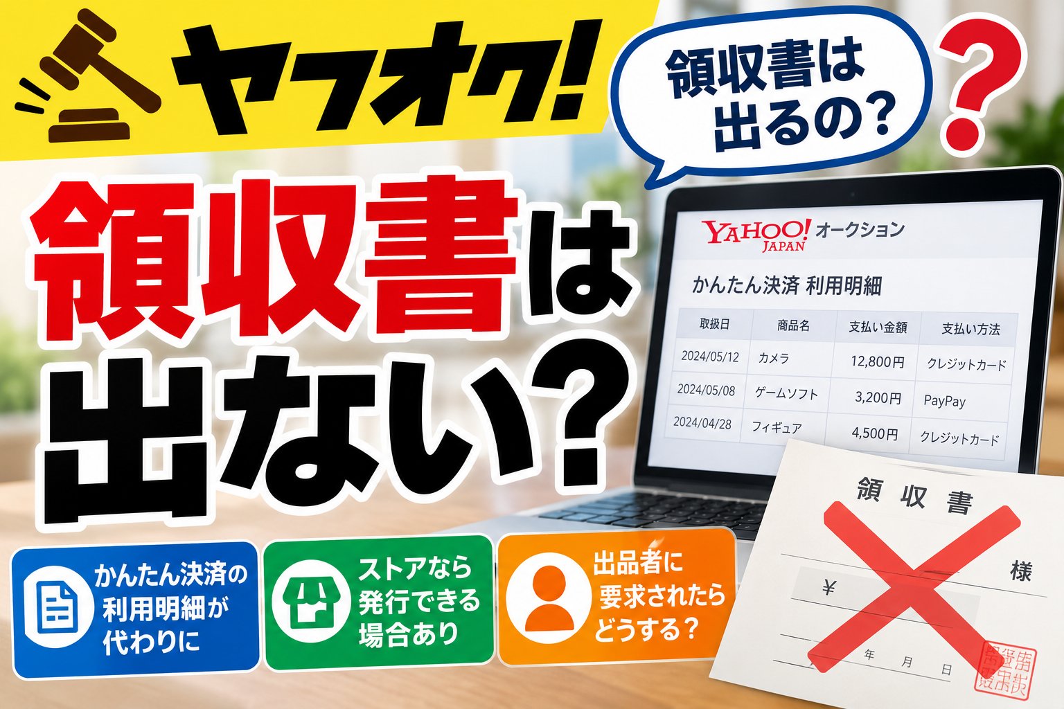 ヤフオクの領収書は出ない？かんたん決済の利用明細が代わりになり、ストアなら発行できる場合あり。出品者に求められたときの対応