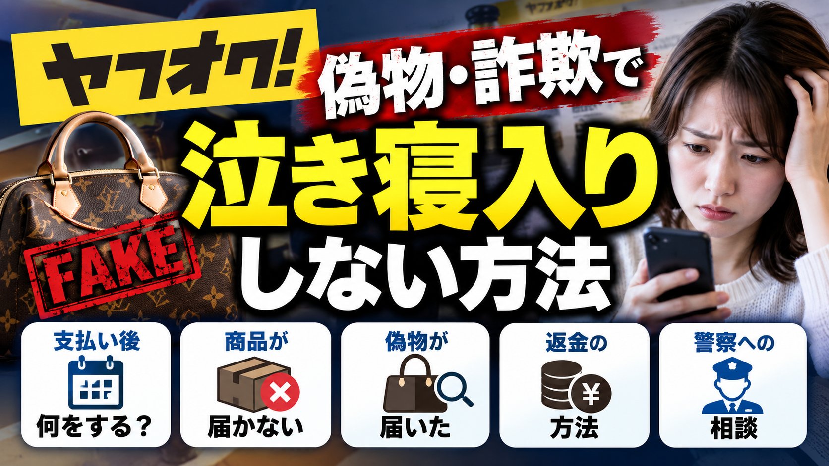 ヤフオク 偽物・詐欺で泣き寝入りしない方法｜支払い後に何をする？・商品が届かない・偽物が届いた・返金の方法・警察への相談