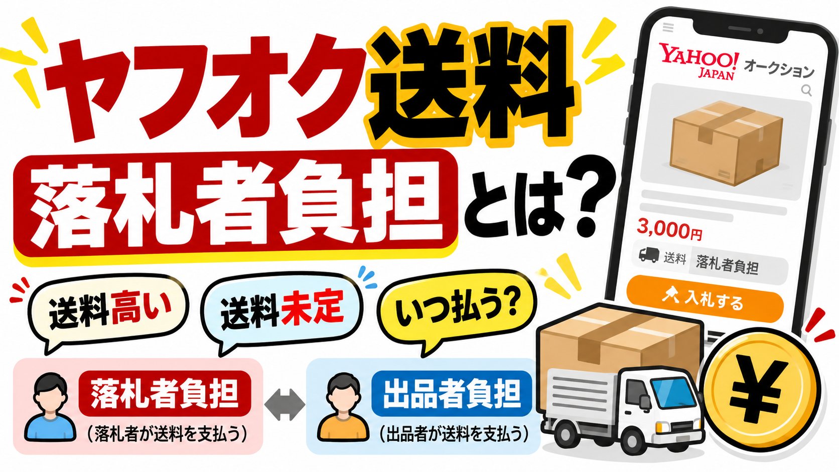 ヤフオクの送料、落札者負担とは？送料が高い・送料未定・いつ払うか。落札者負担（落札者が送料を支払う）と出品者負担（出品者が送料を支払う）の違い