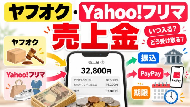 ヤフオク・Yahoo!フリマの売上金｜両方が合算され、期限は受け取りから5か月後の月末。PayPay銀行なら振込0円、200万円を超えると自動で振り込まれる。私はPayPay銀行にまとめて出す