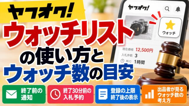 ヤフオクのウォッチリスト｜登録は1,000件まで、終了分は14日表示、通知は終了15分前。出品者の私はウォッチ5件を境に値下げ幅を変えている