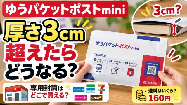 ゆうパケットポストminiの厚さは3cmが目安｜数字の上限はないが、超えた書籍はゆうパック料金に。封筒の買える場所と送料160円