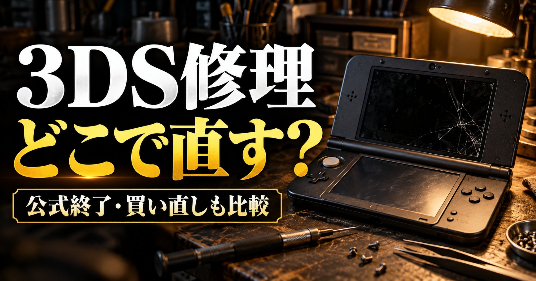 3DS修理はどこで直す？公式終了・買い直しも比較（上画面が割れた3DS LLと精密ドライバー）