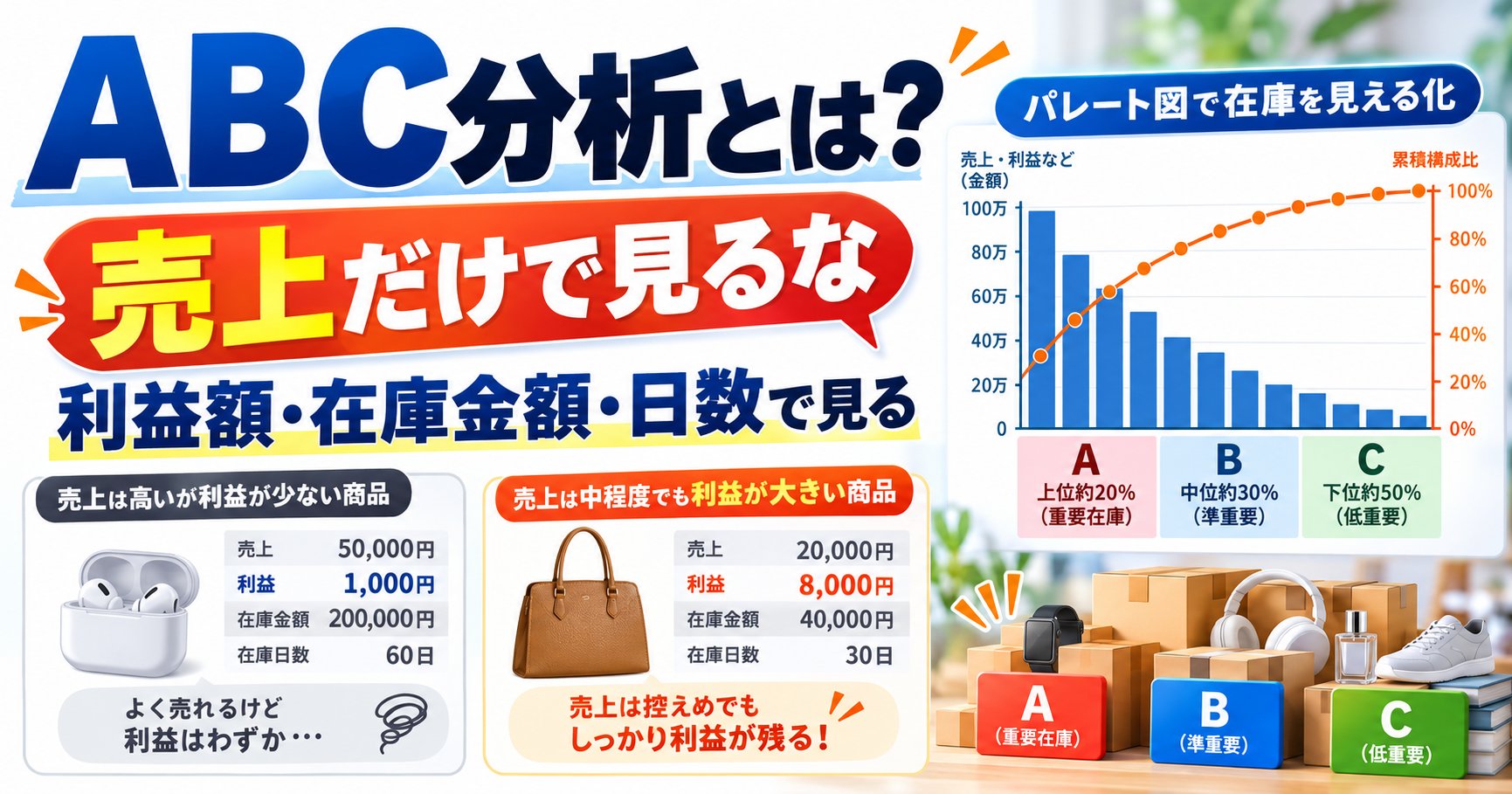 ABC分析とは？売上だけで見るな。利益額・在庫金額・日数で見る。パレート図で在庫を見える化