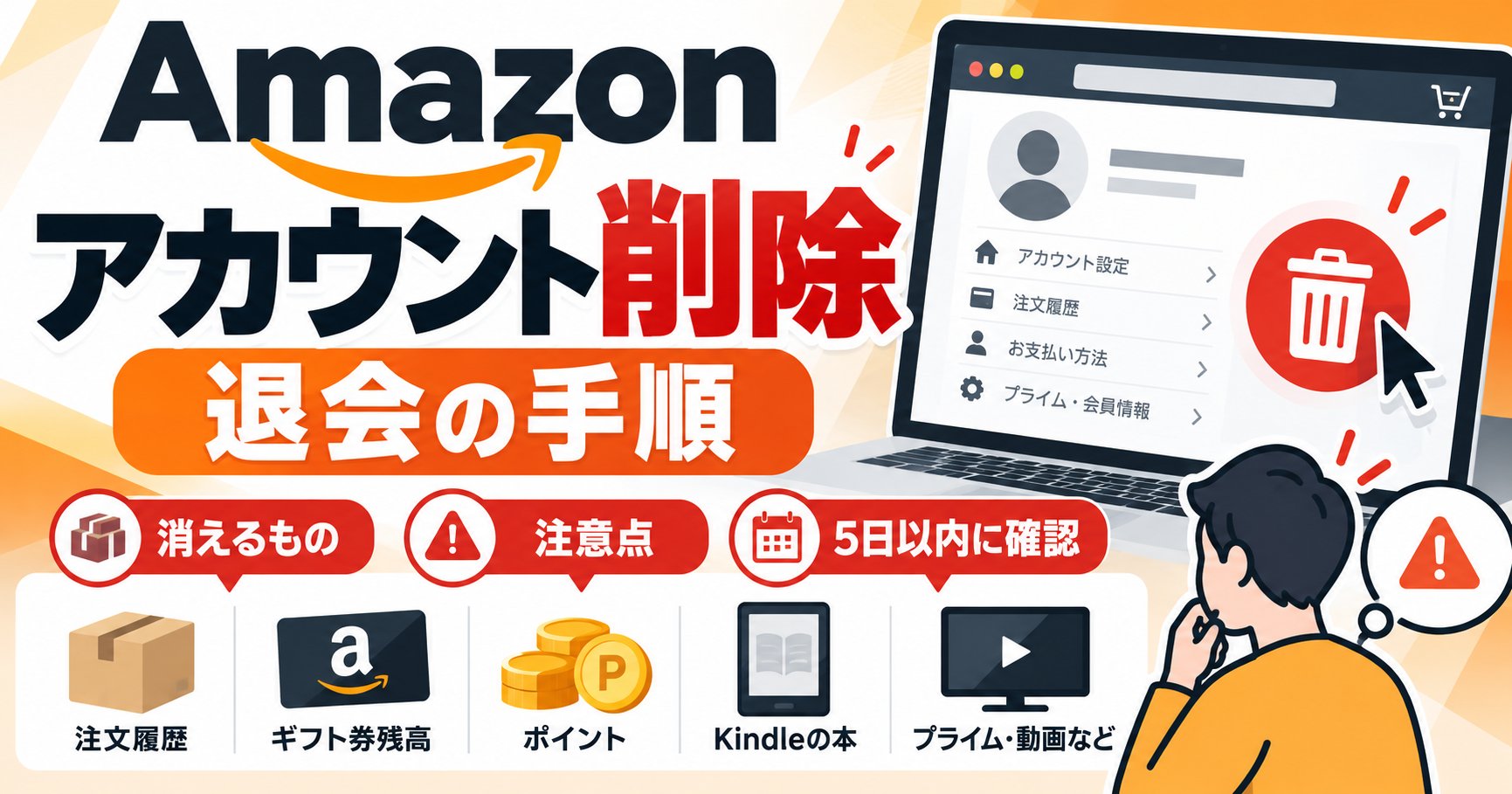 Amazonアカウント削除・退会の手順。消えるもの・注意点・5日以内に確認。注文履歴・ギフト券残高・ポイント・Kindleの本・プライム・動画など