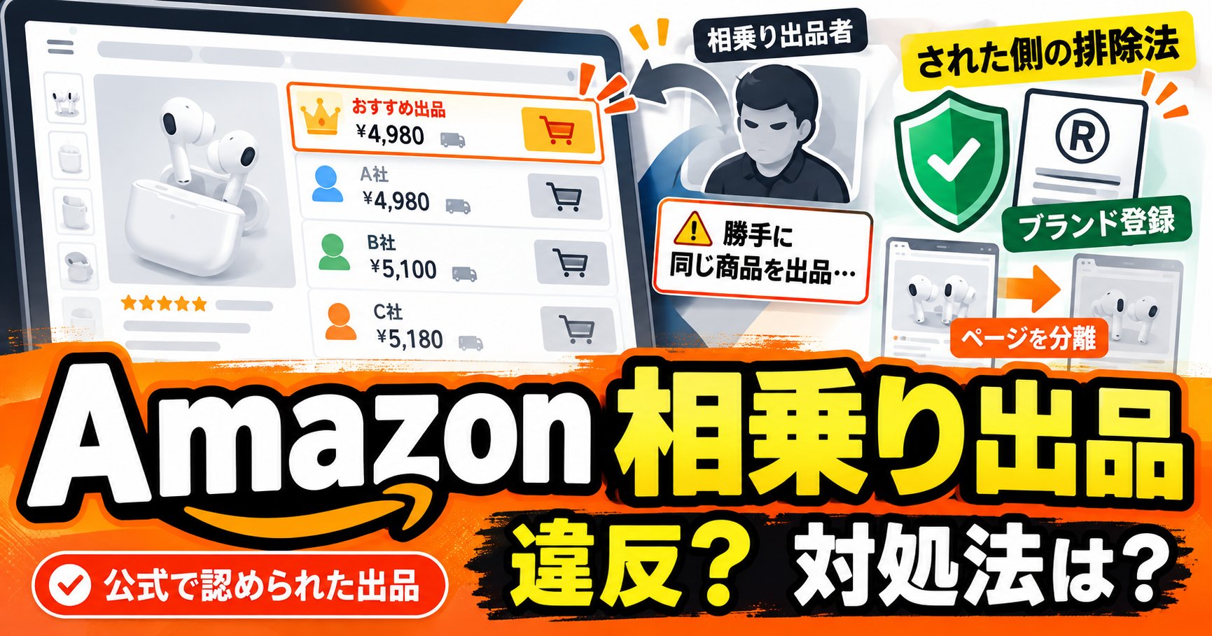 Amazon相乗り出品は違反？対処法は？公式で認められた出品。された側の排除法はブランド登録とページを分離