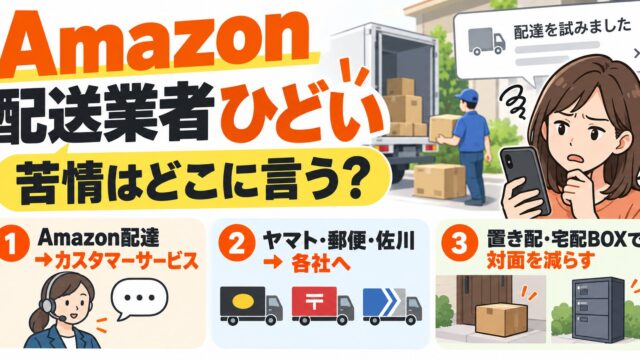 Amazonの配送業者がひどいとき｜苦情は運んだ配送業者へ、未着・返金は発送元へ。配送業者は指定できないので置き配・受取スポットで対面を減らす（どこに言うか分かるツールつき）