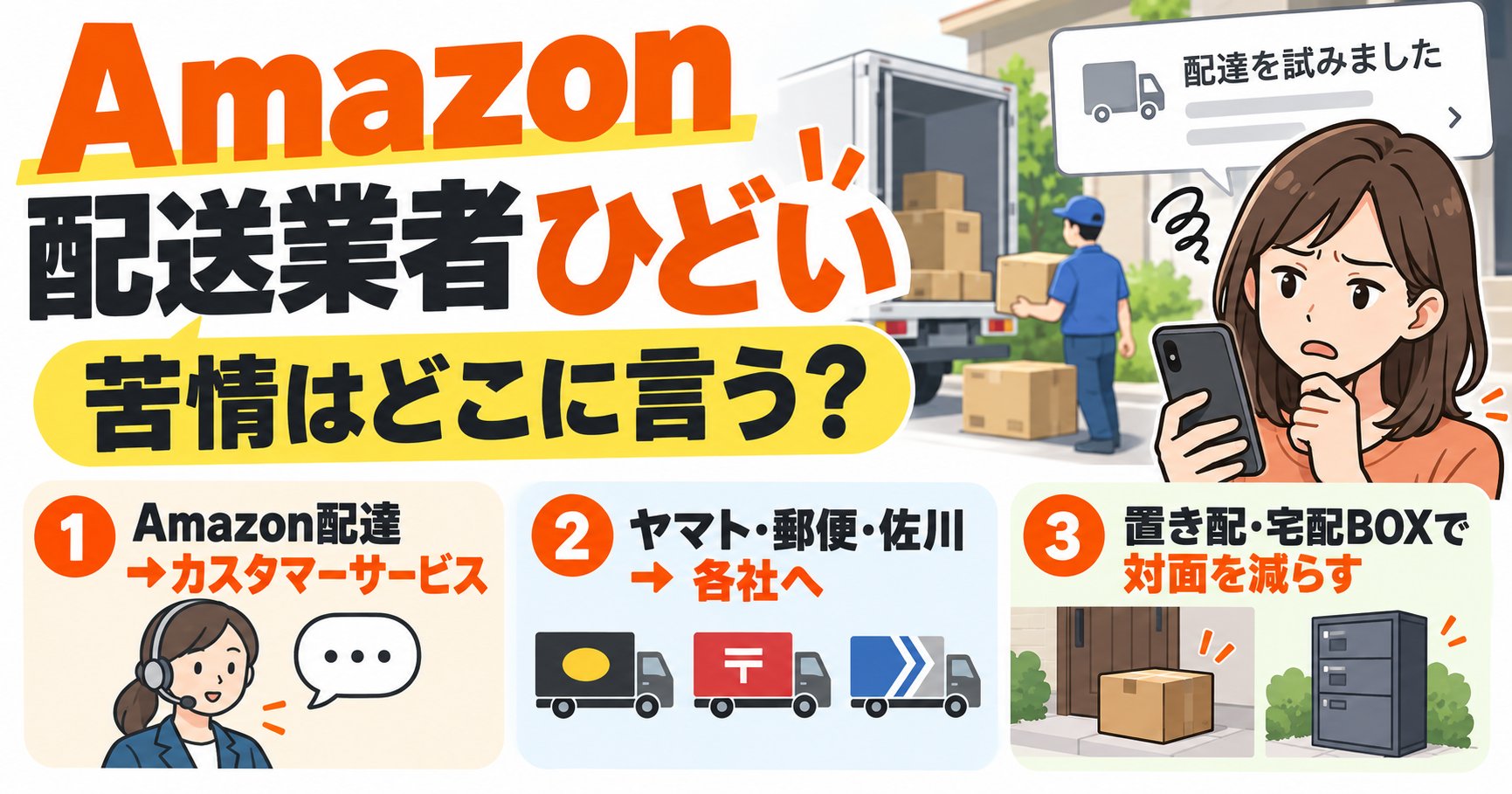 Amazon 配送業者ひどい 苦情はどこに言う？ ①Amazon配達はカスタマーサービス ②ヤマト・郵便・佐川は各社へ ③置き配・宅配BOXで対面を減らす