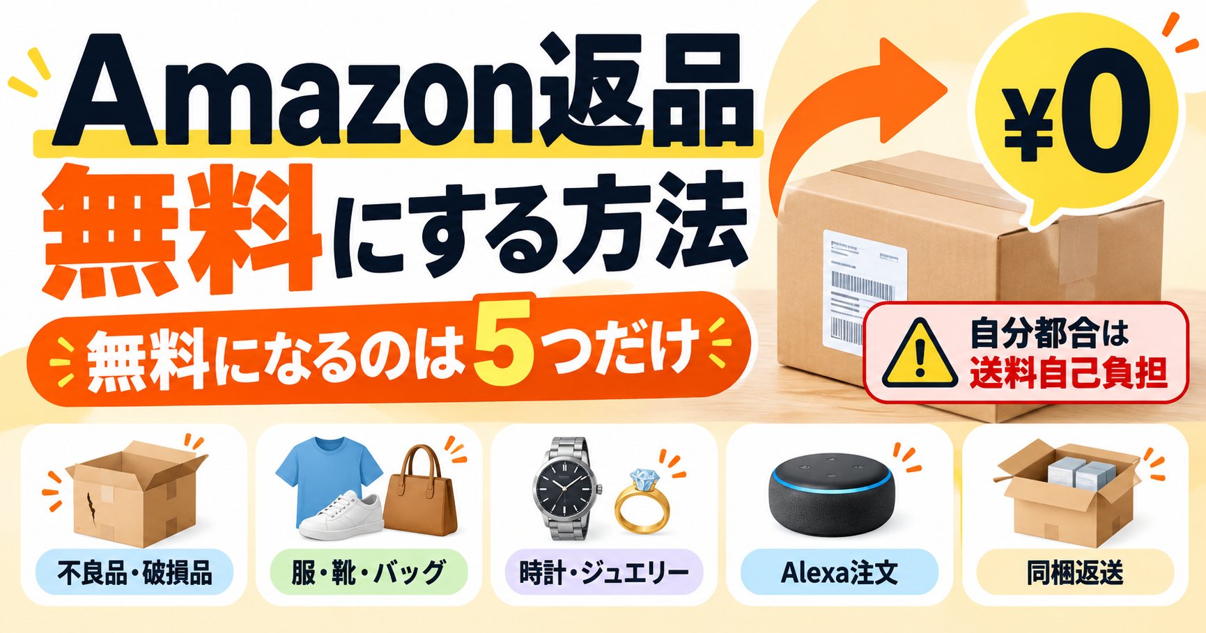 Amazon返品を無料にする方法。無料になるのは5つだけ（不良品・破損品、服・靴・バッグ、時計・ジュエリー、Alexa注文、同梱返送）。自分都合は送料自己負担