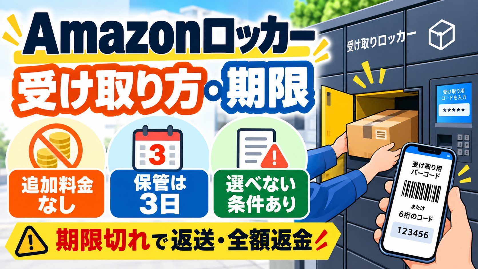 Amazonロッカー 受け取り方・期限。追加料金なし、保管は3日、選べない条件あり。期限切れで返送・全額返金