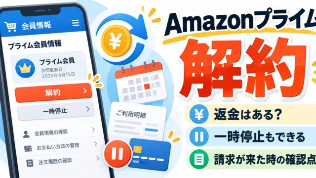 Amazonプライムの解約｜「Amazonプライム会員情報」から。特典を使っていなければ全額返金、しばらく使わないなら一時停止。解約したのに請求が来るとき・月間と年間の損得（元が取れるか分かるツールつき）