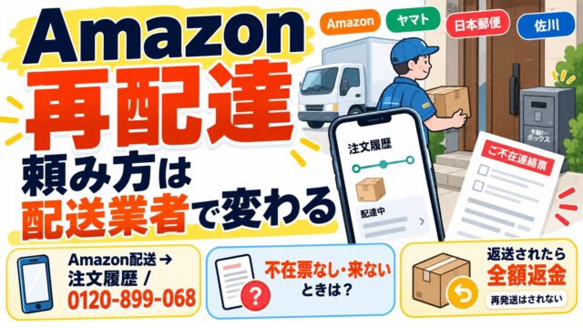 Amazonの再配達｜まず配送業者を見る。Amazon配送は注文履歴か0120-899-068、ヤマトは当日17:40締切。不在票がない・頼めない・返送されたときも（頼み方がわかるツールつき）