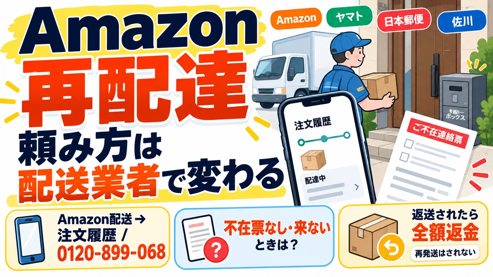 Amazon 再配達 頼み方は配送業者で変わる。Amazon配送は注文履歴／0120-899-068。不在票なし・来ないときは？ 返送されたら全額返金、再発送はされない