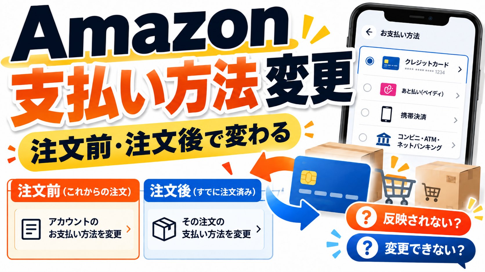 Amazon 支払い方法変更。注文前・注文後で変わる。注文前（これからの注文）はアカウントのお支払い方法を変更、注文後（すでに注文済み）はその注文の支払い方法を変更。反映されない？変更できない？