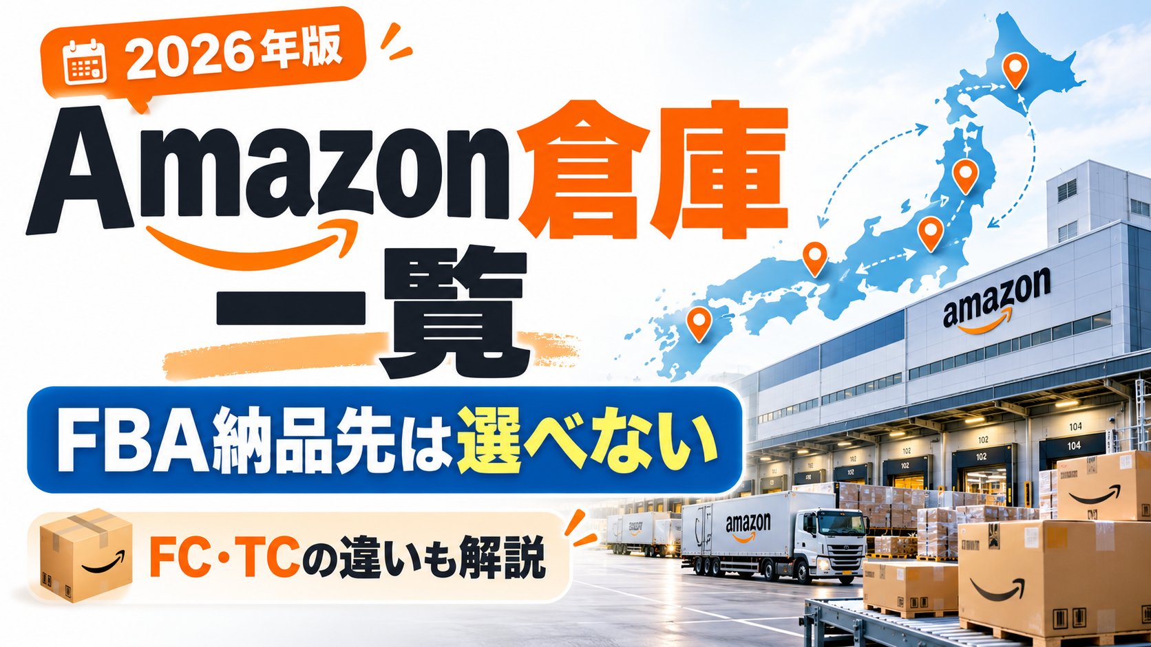 2026年版 Amazon倉庫一覧｜FBA納品先は選べない、FC・TCの違いも解説（日本地図と物流センターのイメージ）