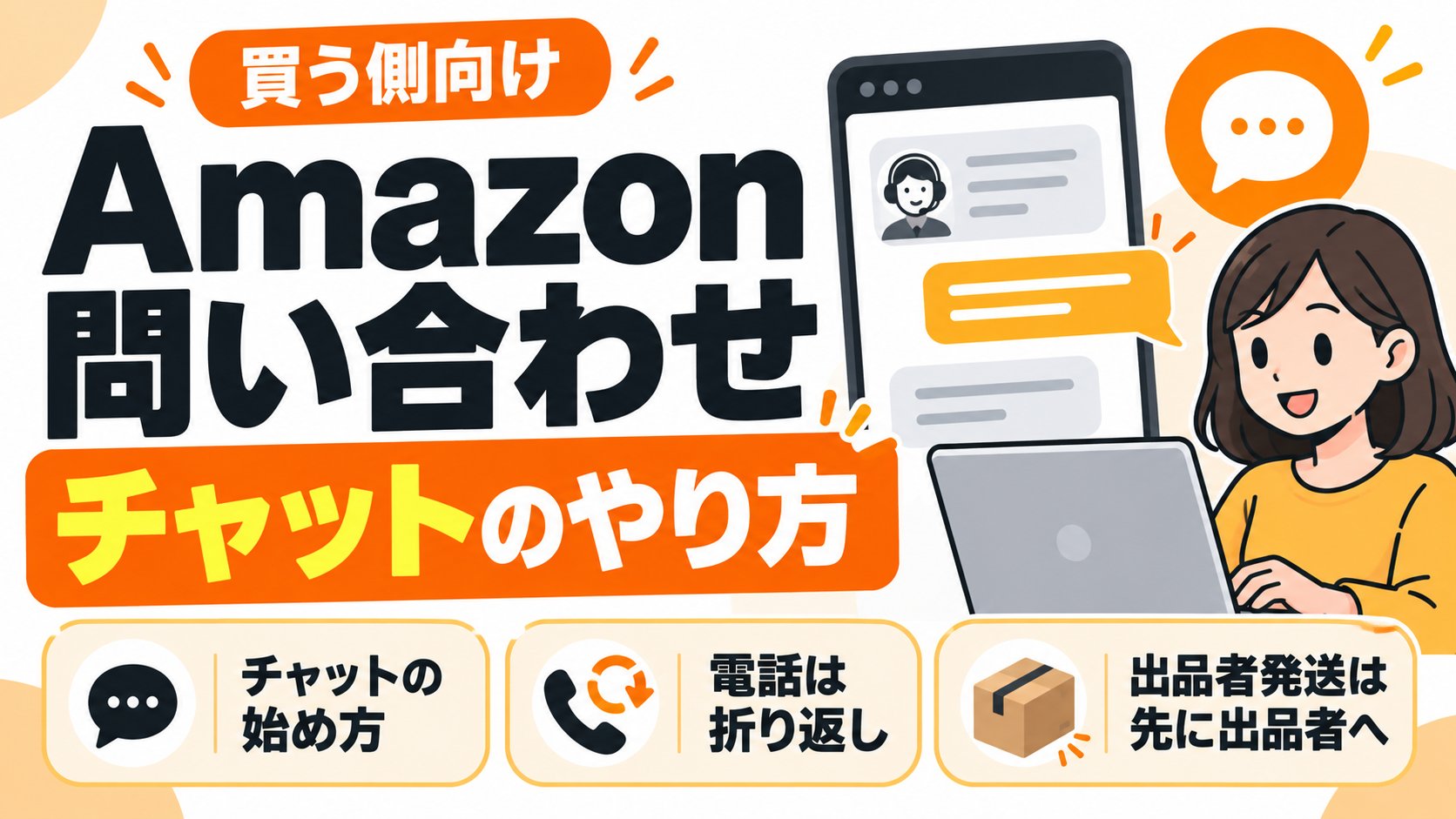 買う側向け Amazon問い合わせ チャットのやり方。チャットの始め方、電話は折り返し、出品者発送は先に出品者へ