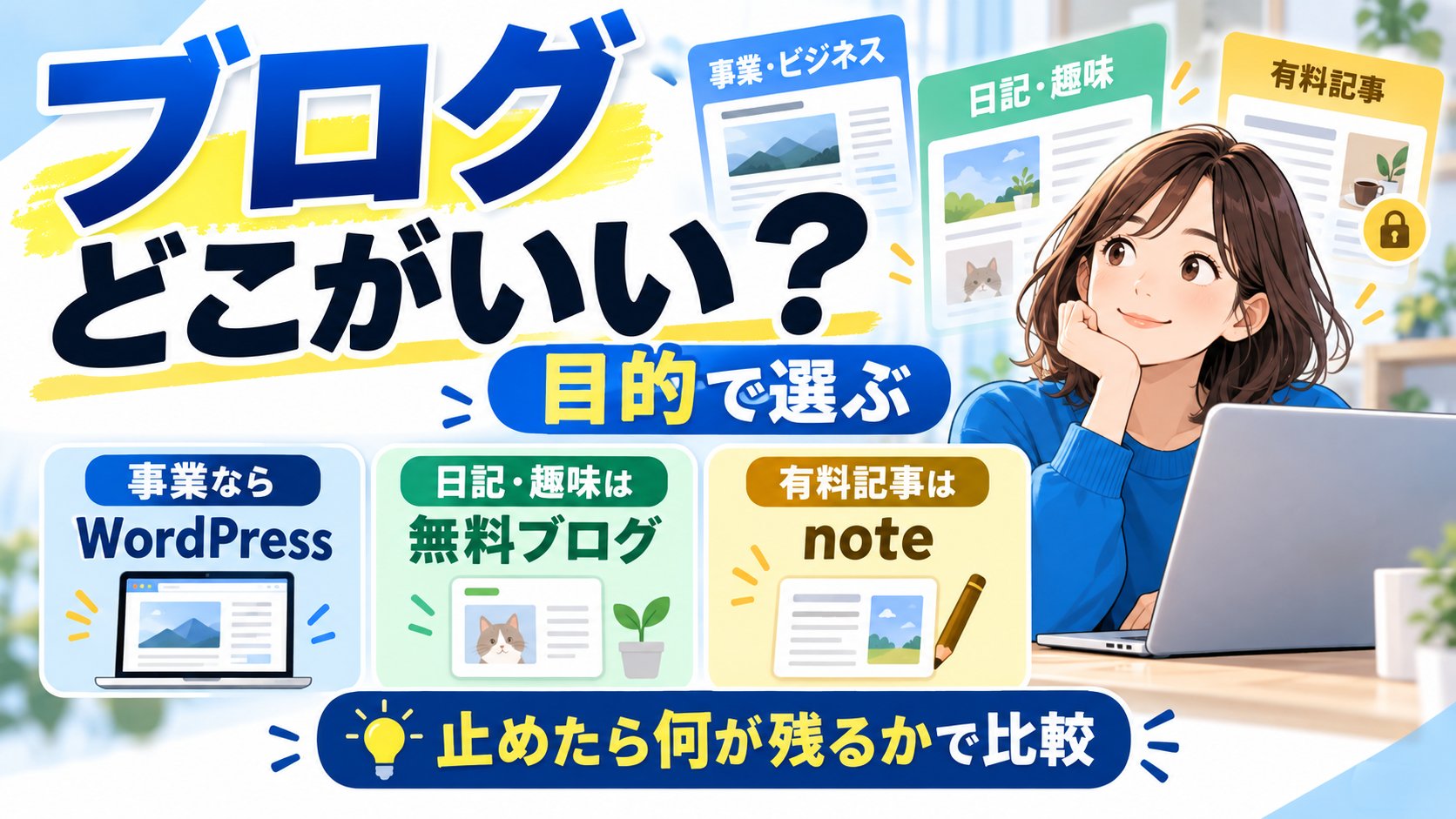 ブログどこがいい？目的で選ぶ。事業ならWordPress、日記・趣味は無料ブログ、有料記事はnote。止めたら何が残るかで比較