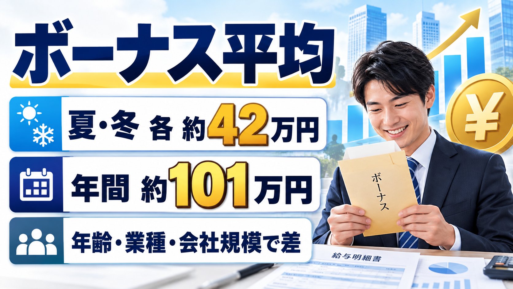 ボーナスの平均は夏・冬それぞれ約42万円、年間約101万円。年齢・業種・会社規模で差
