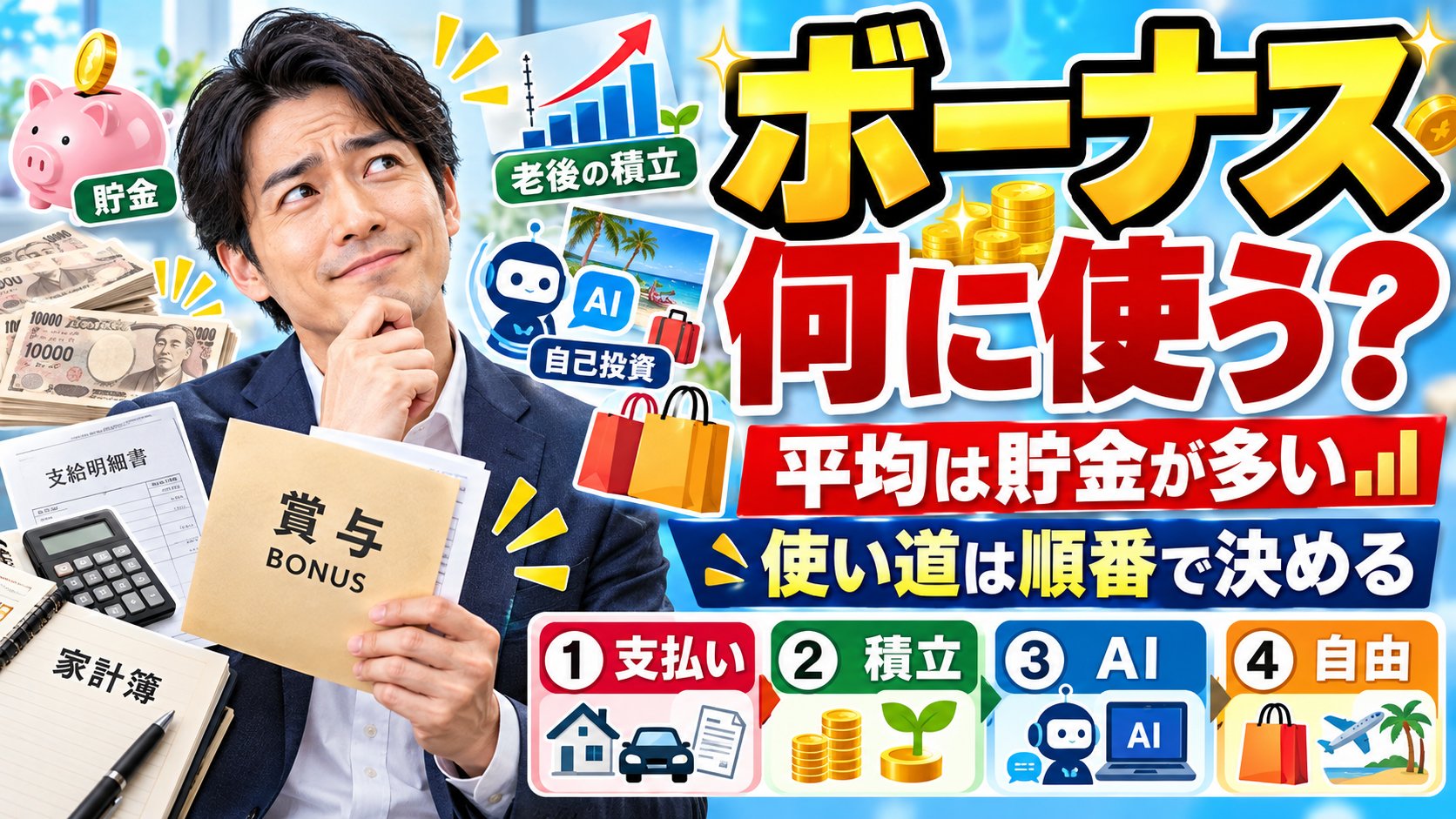 ボーナスは何に使う？平均は貯金が多い。使い道は順番で決める：①支払い ②積立 ③AI ④自由