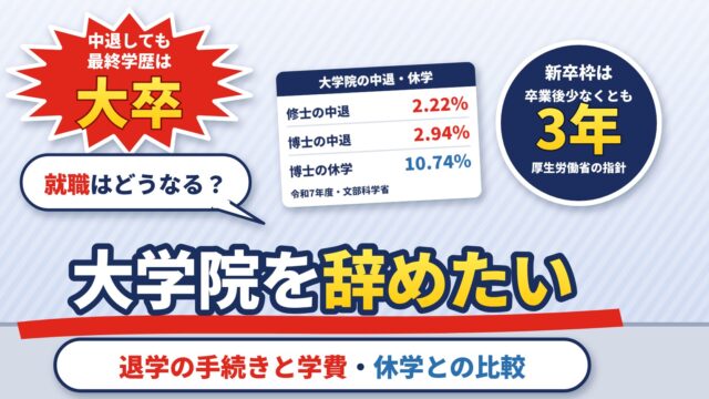 大学院を辞めたい・中退したら就職は？最終学歴・新卒枠・退学の手続きと学費、中退か休学かの比較（計算機つき）