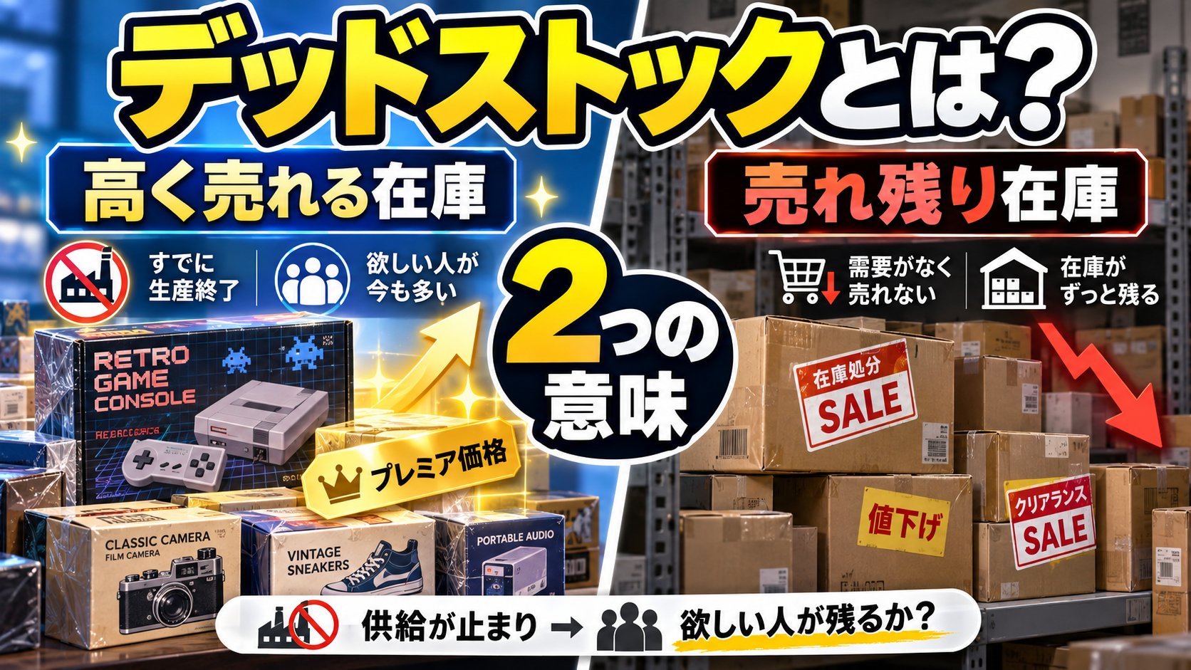 デッドストックとは？2つの意味。高く売れる在庫（生産終了・欲しい人が残る）と売れ残り在庫（需要がない・在庫が残る）。供給が止まり欲しい人が残るか