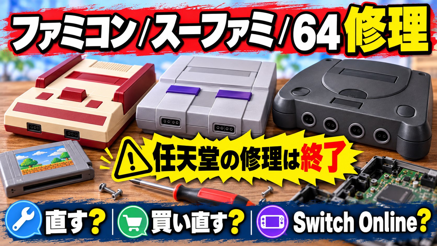 ファミコン・スーファミ・64修理、任天堂の修理は終了。直す？買い直す？Switch Online？