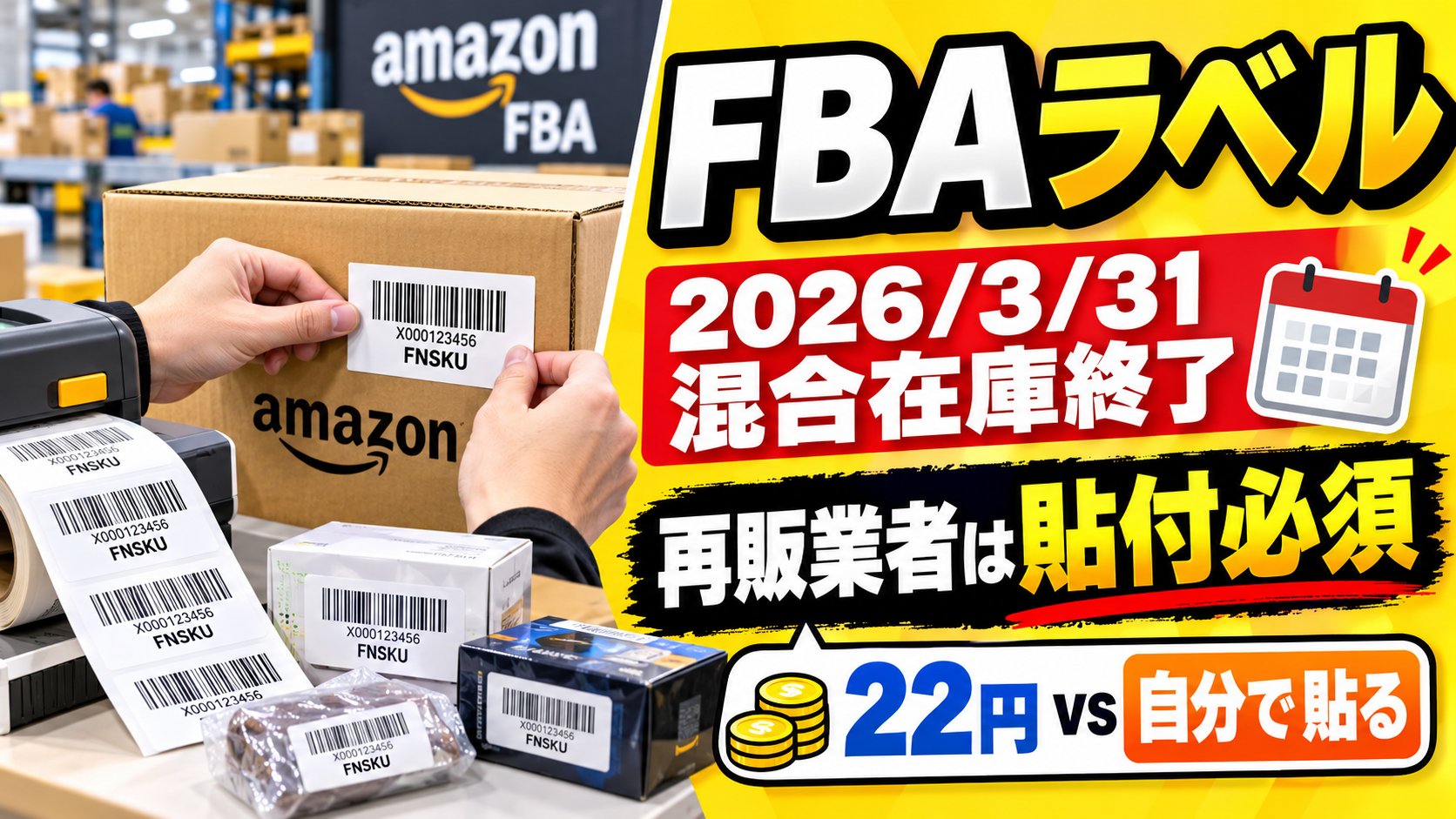 FBAラベル：2026年3月31日に混合在庫が終了、再販業者は商品ラベルの貼付が必須。貼付サービス22円と自分で貼る費用の比較