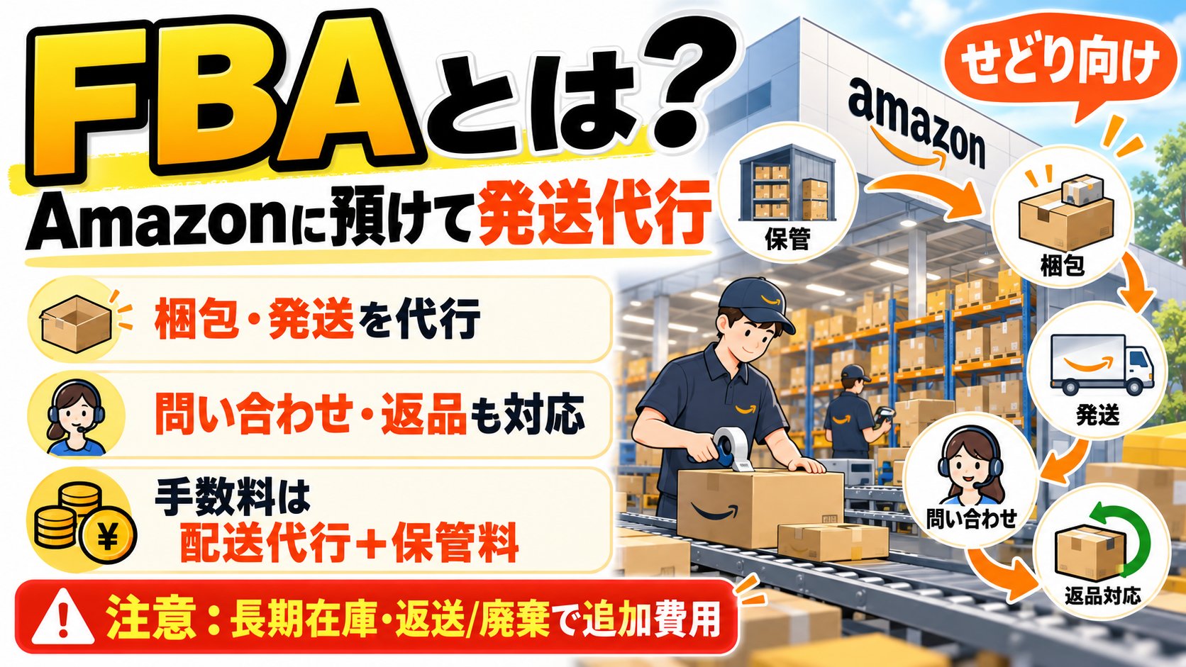 FBAとは？Amazonに預けて発送代行。梱包・発送を代行、問い合わせ・返品も対応、手数料は配送代行＋保管料、長期在庫・返送／廃棄で追加費用