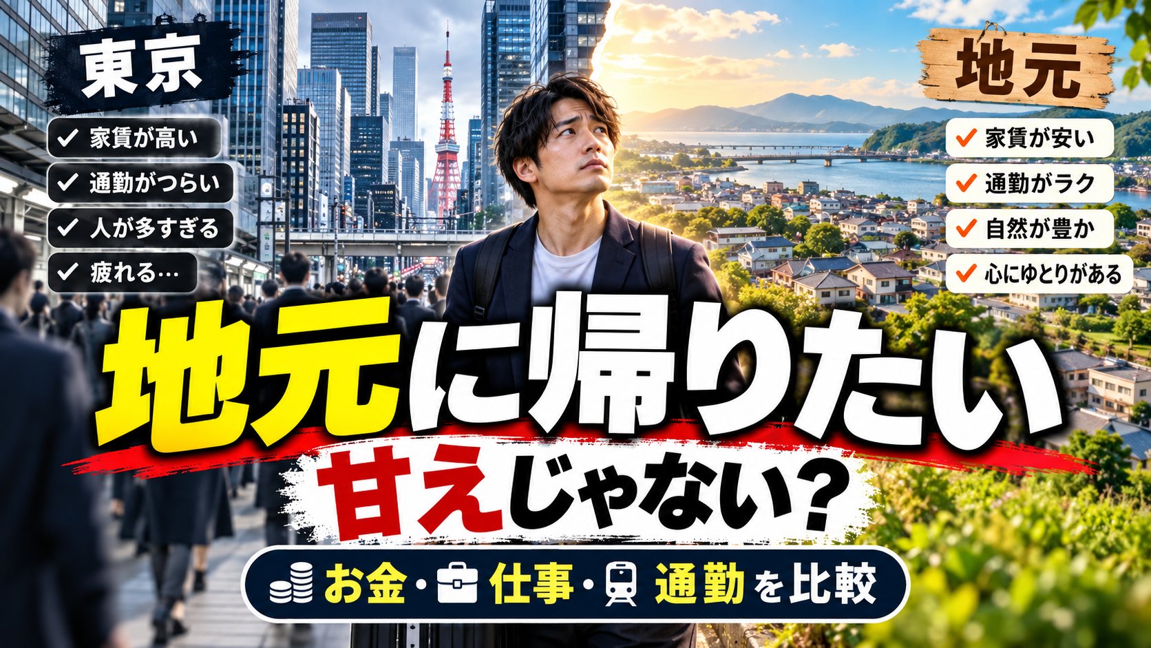 地元に帰りたいのは甘え？お金・仕事・通勤を比較：東京のビル街と地元の街並みのあいだで迷う会社員