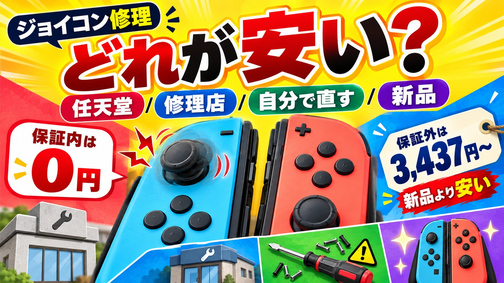ジョイコン修理はどれが安い？任天堂・修理店・自分で直す・新品を比較（保証内は0円、保証外は3,437円〜で新品より安い）