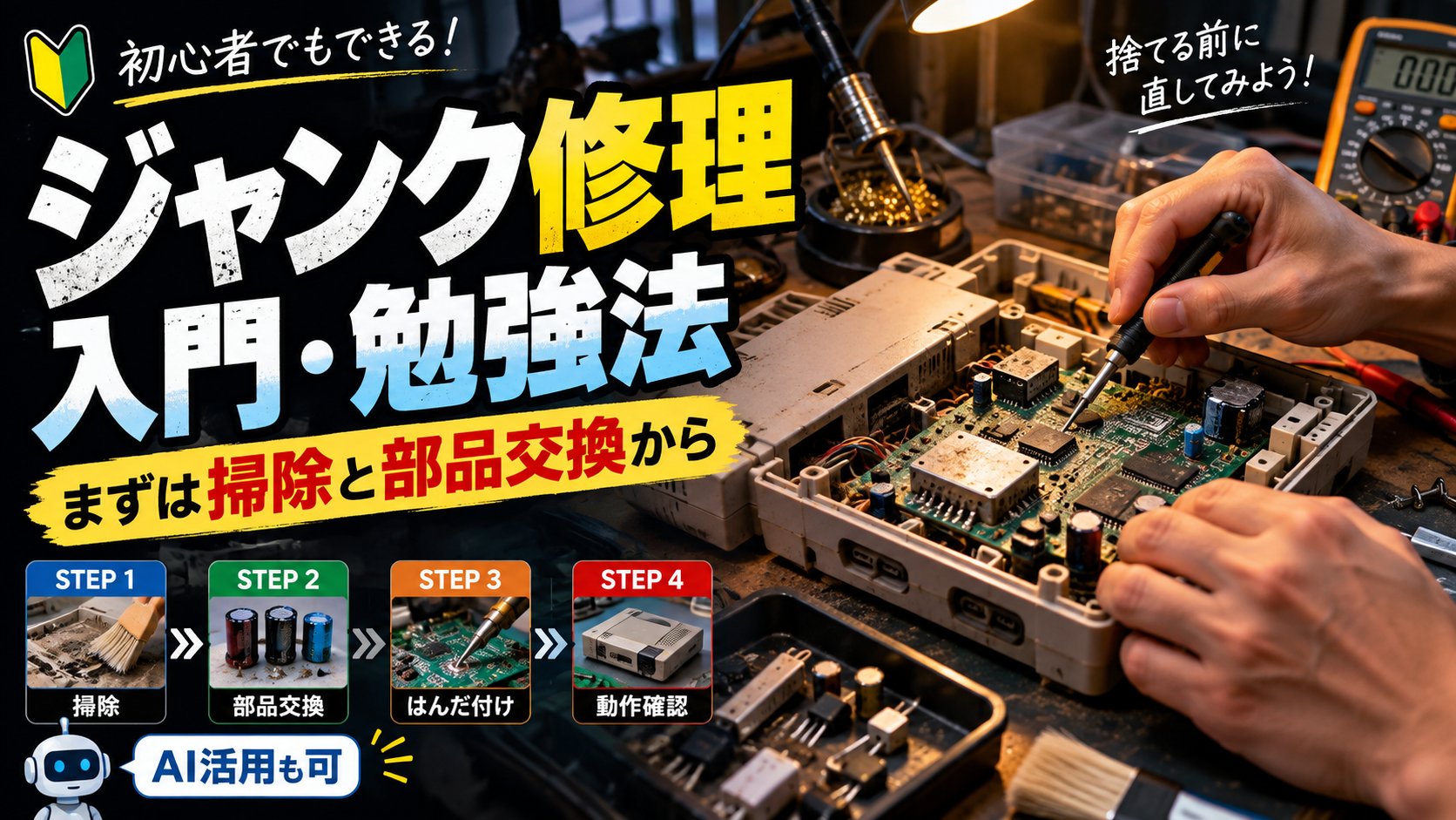初心者でもできる ジャンク修理の入門・勉強法｜まずは掃除と部品交換から（掃除・部品交換・はんだ付け・動作確認、AI活用も可）