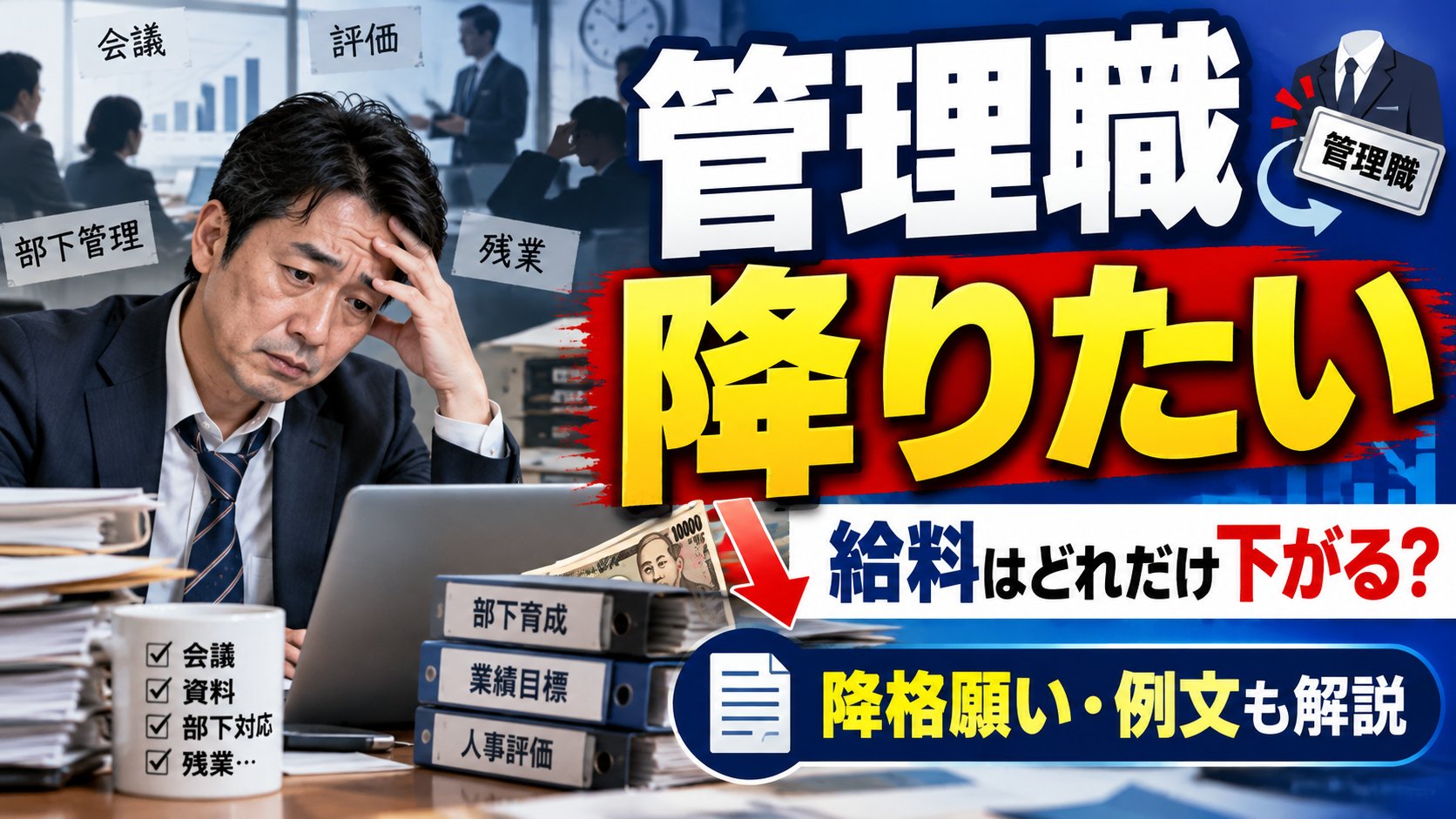 管理職を降りたい。給料はどれだけ下がる？降格願い・例文も解説（会議と評価と部下管理に追われる課長）