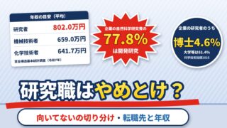 研究職はやめとけ？つらい・向いてないと言われる理由を統計で確かめる。辞めたいときの転職先と年収（計算機つき）