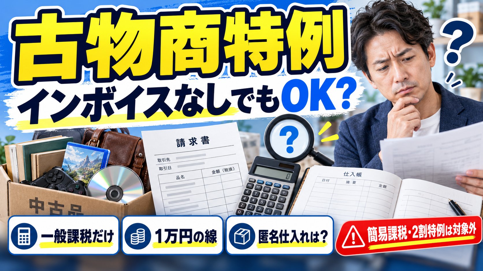古物商特例はインボイスなしでもOK？一般課税だけ、1万円の線、匿名仕入れは？、簡易課税・2割特例は対象外