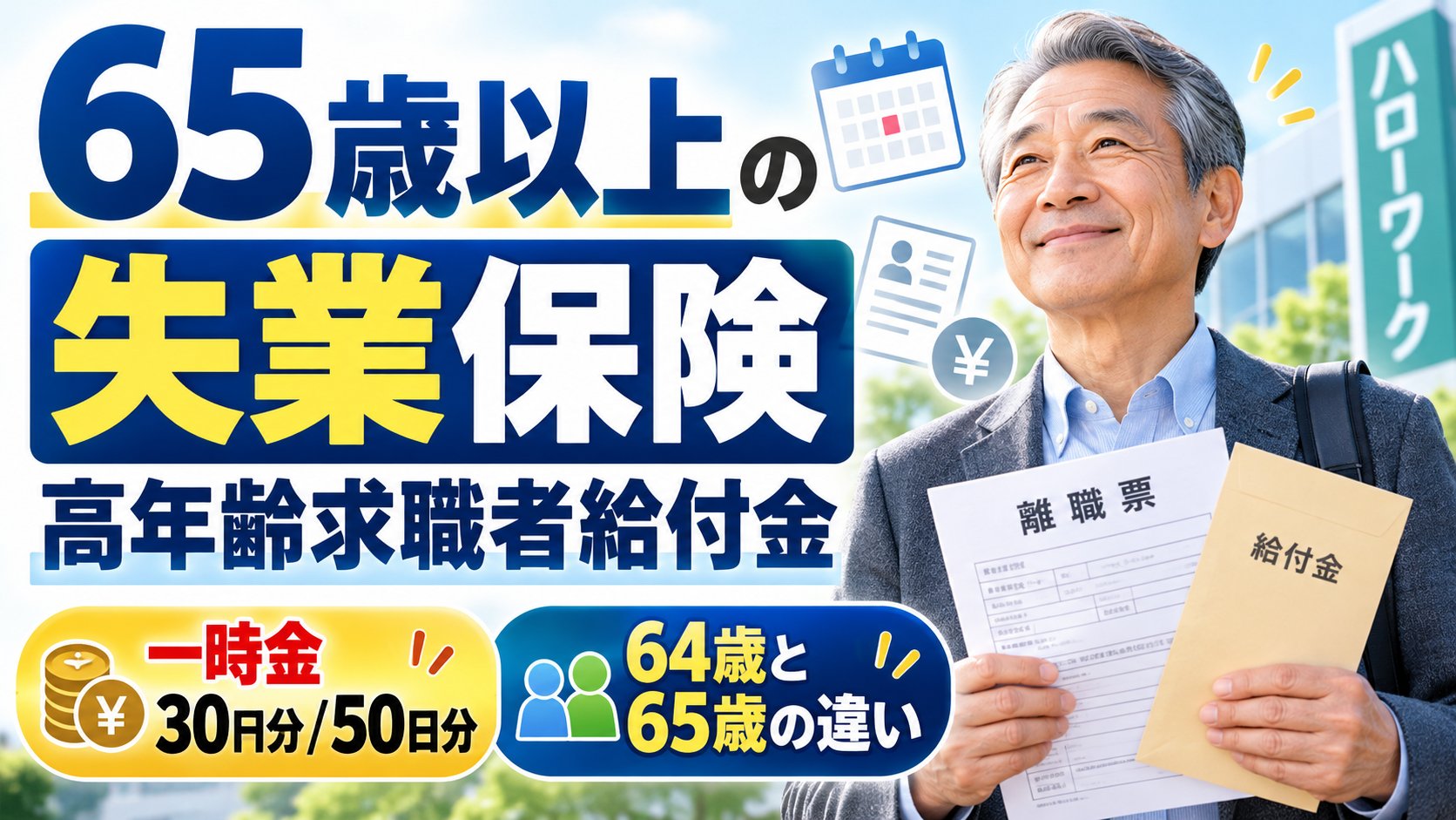 65歳以上の失業保険（高年齢求職者給付金）は一時金30日分・50日分、64歳と65歳の違い：離職票と給付金の封筒を持つ男性