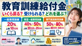 教育訓練給付金はいくら戻る？一般・特定一般・専門実践の違いと条件・期限、教育訓練休暇給付金で休んで学ぶ場合と辞めて学ぶ場合（計算機つき）