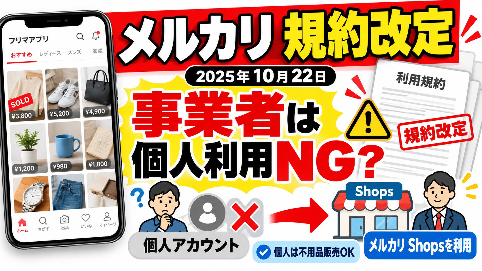 メルカリの規約改定（2025年10月22日）。事業者は個人アカウントでの利用NG、メルカリShopsへ。個人の不用品販売はOK