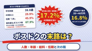 ポスドクの末路はやばい？人数・年齢・給料・任期と次の職の統計（計算機つき）