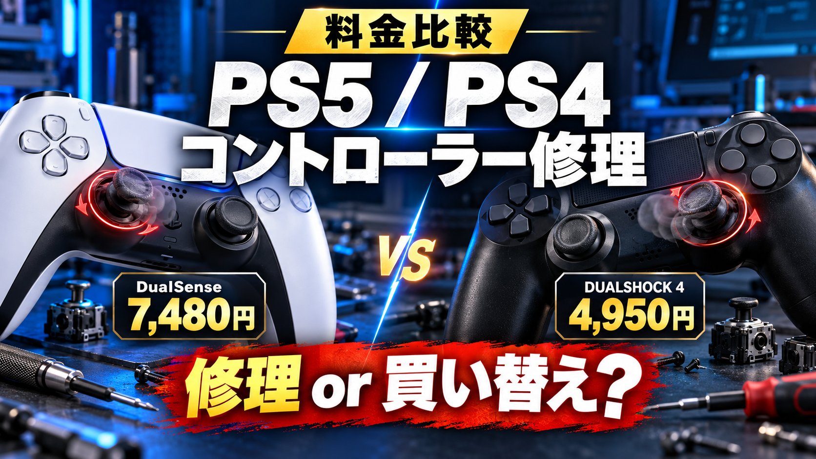 PS5・PS4のコントローラー修理の料金比較：DualSense 7,480円・DUALSHOCK 4 4,950円、修理か買い替えか