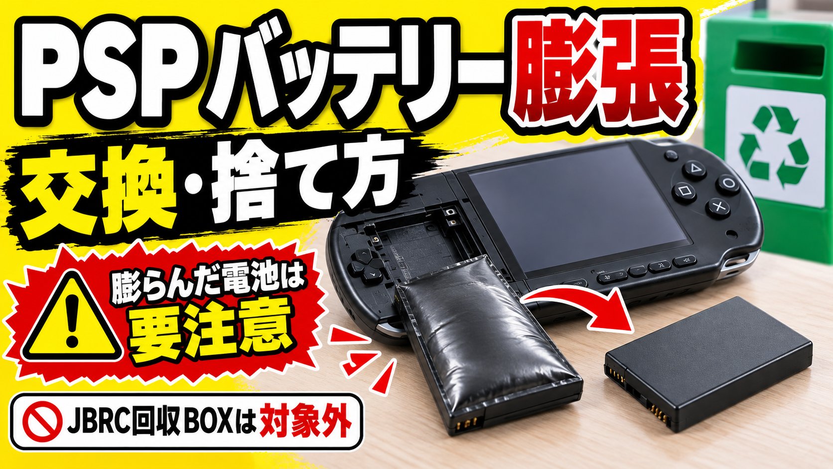 PSPのバッテリー膨張、交換・捨て方。膨らんだ電池と新しい電池、JBRCの回収ボックスは対象外