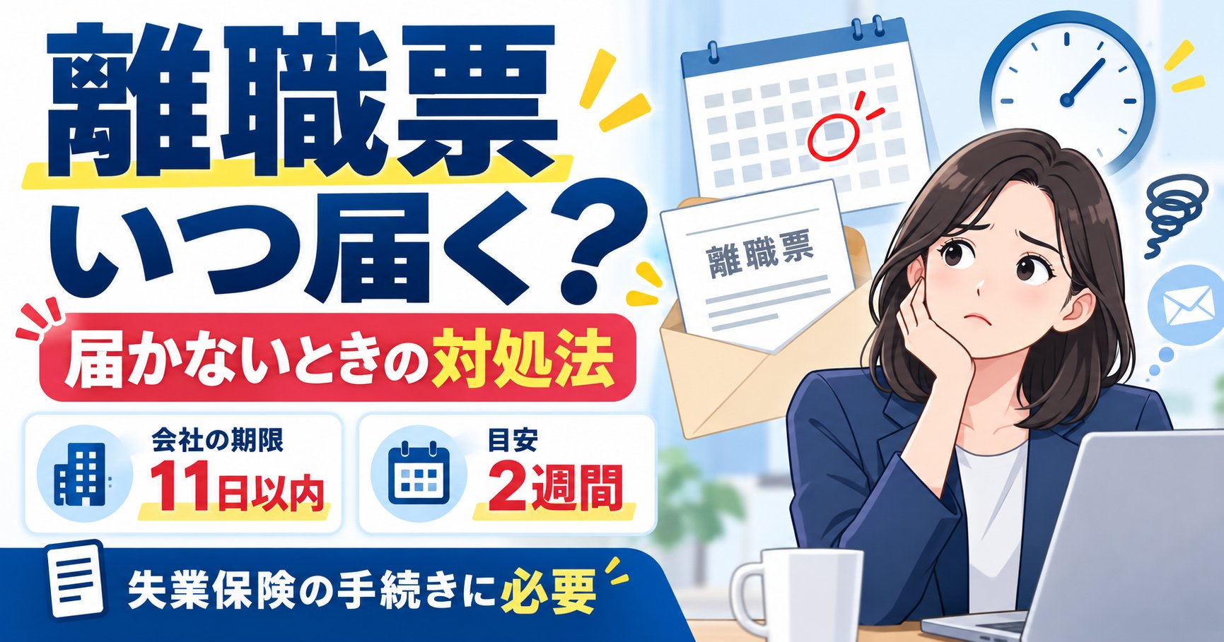 離職票はいつ届く？届かないときの対処法：会社の期限11日以内・目安2週間・失業保険の手続きに必要、離職票を見て考える女性