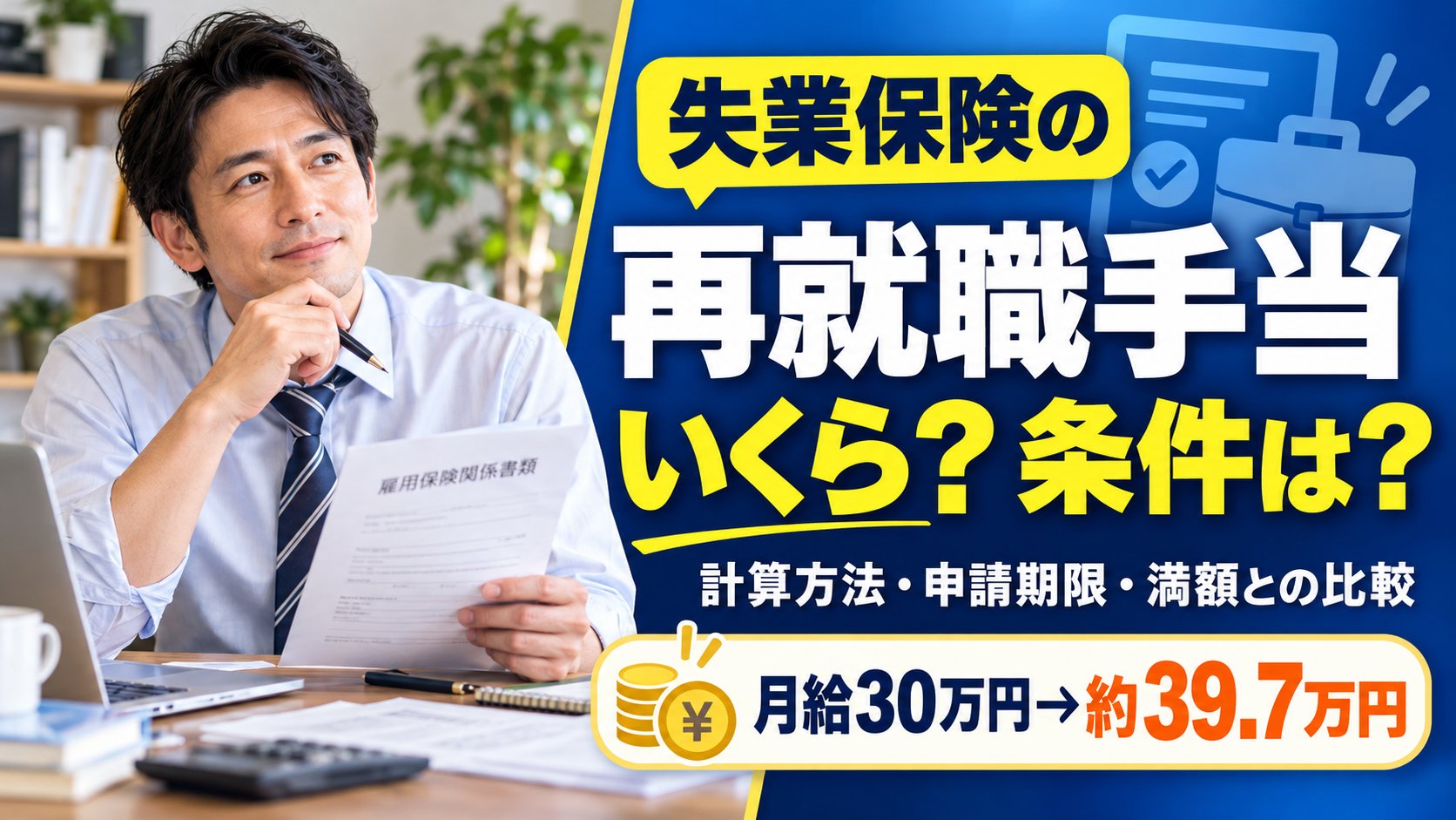 失業保険の再就職手当はいくら？条件は？計算方法・申請期限・満額との比較　月給30万円で約39.7万円