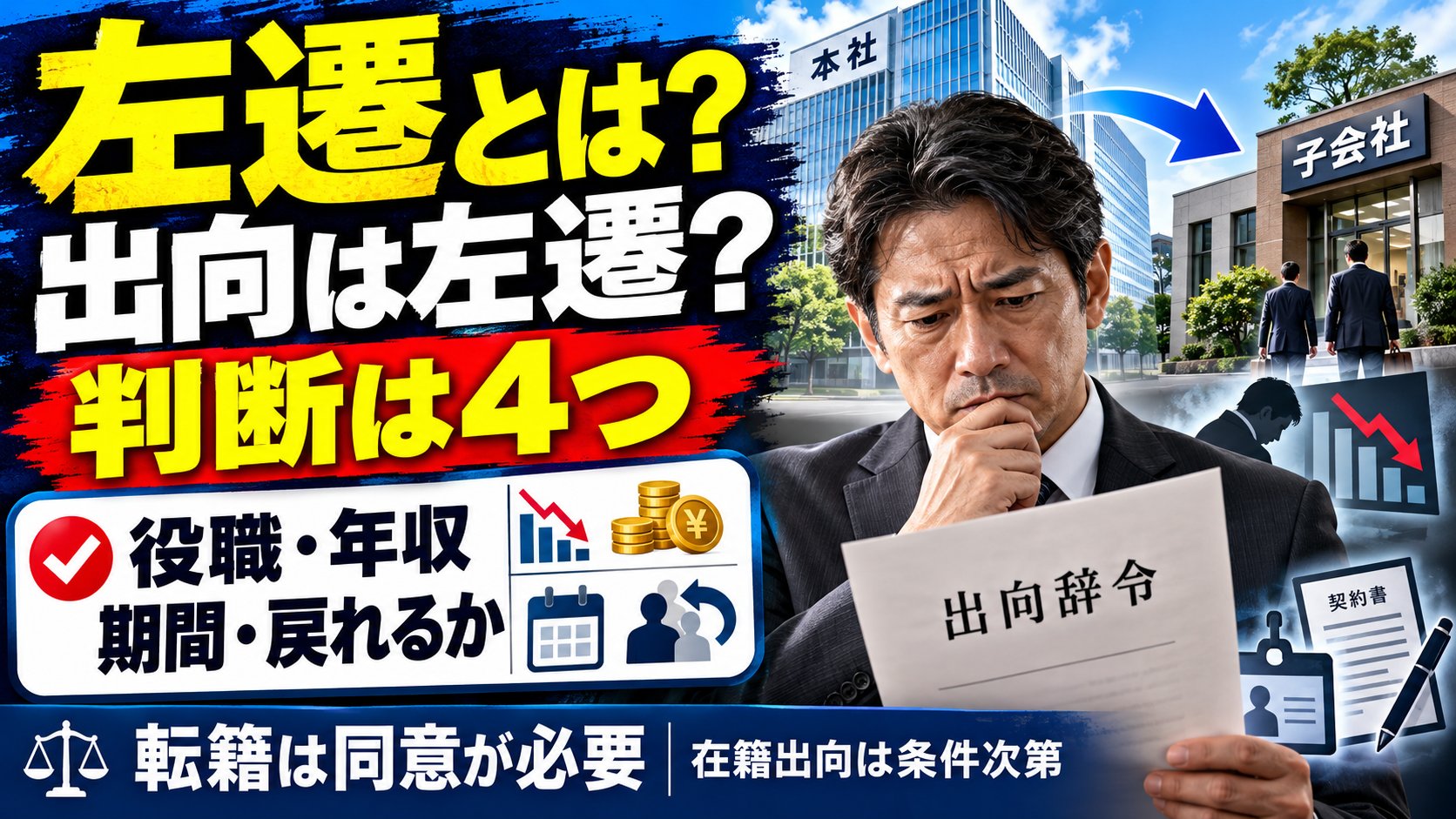 左遷とは？出向は左遷か。役職・年収・期間・戻れるかの4つで判断。転籍は同意が必要、在籍出向は条件次第