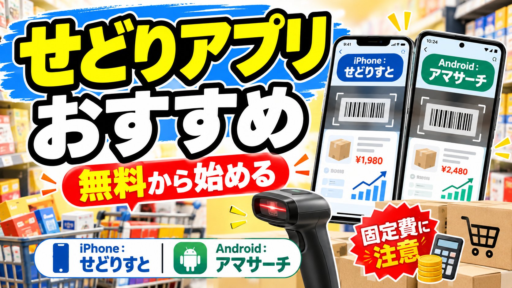 せどりアプリおすすめ：無料から始める。iPhoneはせどりすと（せどりすとプレミアム）、Androidはアマサーチ。アプリ代の固定費に注意