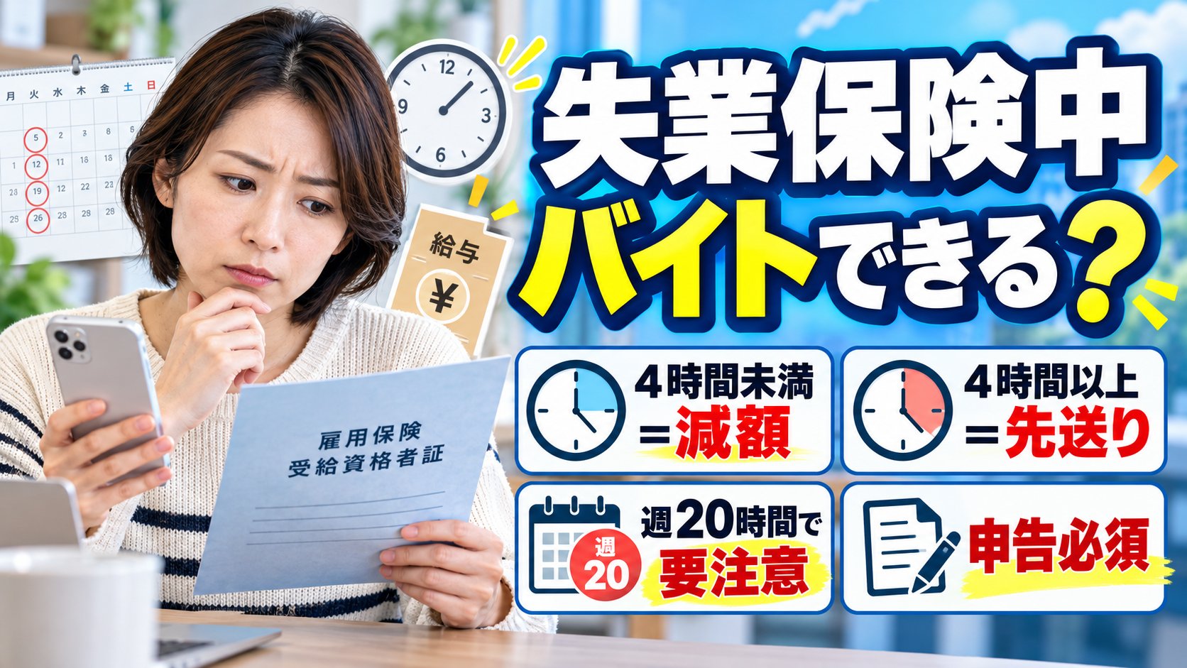 失業保険中にバイトできるか、4時間未満は減額、4時間以上は先送り、週20時間で要注意、申告必須