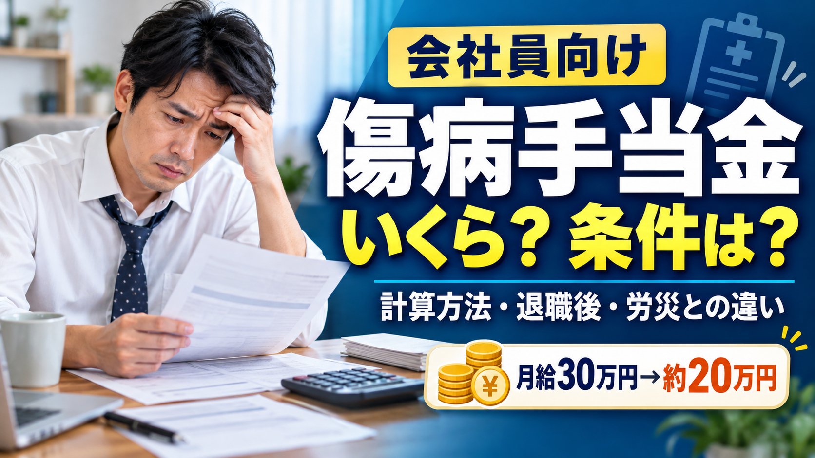傷病手当金はいくら？条件は？計算方法・退職後・労災との違い　月給30万円で約20万円